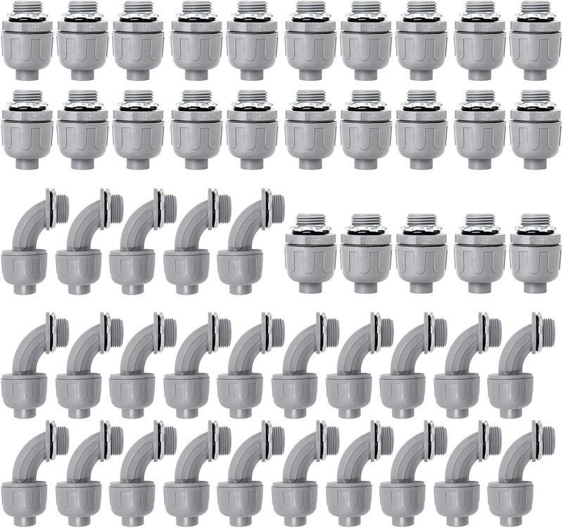 Feotech 50 Pack 1/2 Inch Liquid Tight Connectors - PVC Electrical Conduit Fittings, Straight, 90 and 180 Degree Non-Metallic Flexible Connectors for Home, Bathroom, and Kitchen, Gray - Image 1